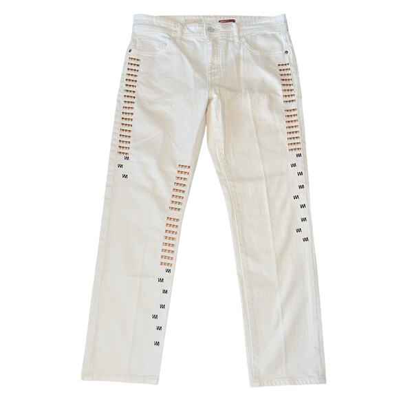 Pilcro and the Letterpress Denim - Pilcro Embroidered Jeans Anthropologie Boyfriend Mid Rise Cream